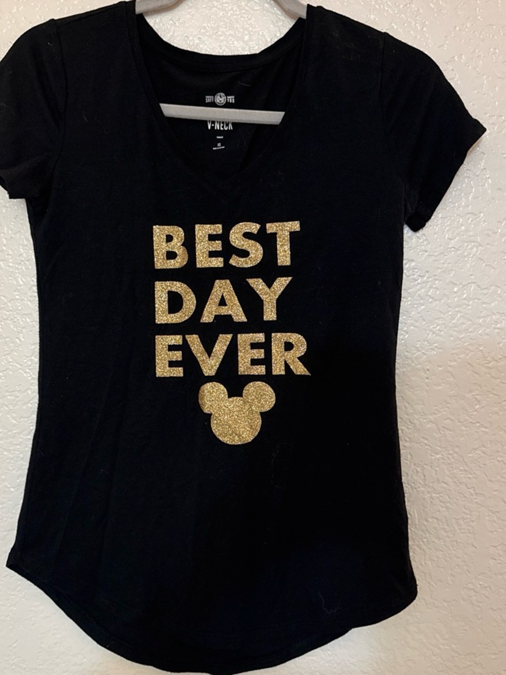 Black V-Neck Women's Tee with Gold 'Best Day Ever' Glitter